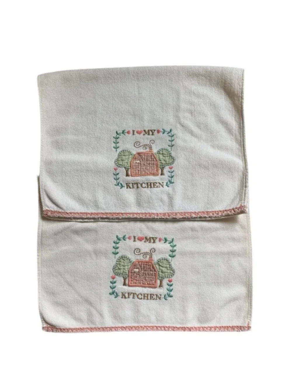 I Love My Kitchen Embroidered Cotton Hand Towels Set Of 2 White with Pink Trim
